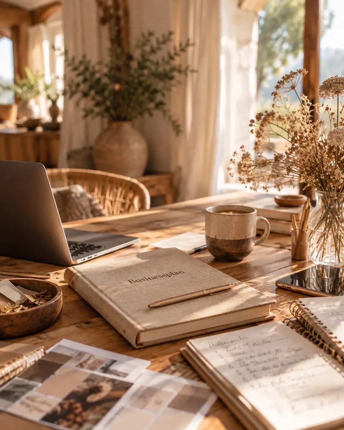 Businessplan in einem Leineneinband auf einem hellen Holztisch mit Laptop, Kaffeetasse, Notizbüchern und getrockneten Blumen