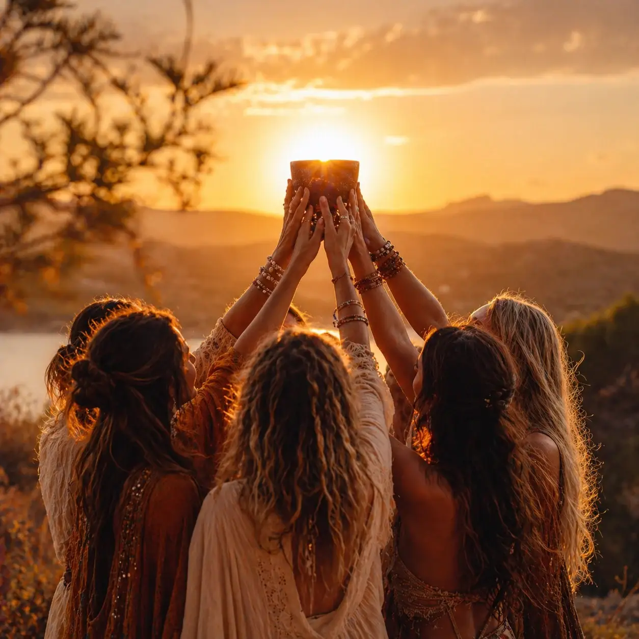 Frauen halten gemeinsam eine Kakaoschale